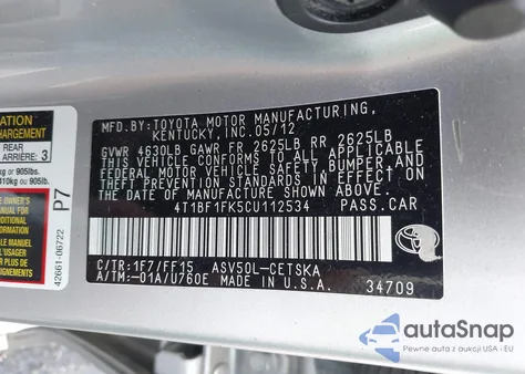 2012 Toyota Camry Se from USA, damaged, VIN 4T1BF1FK5CU112534